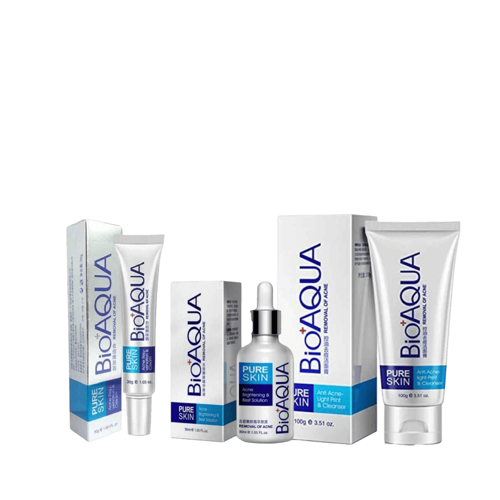 Kit limpieza pure skin da una regulación eficaz, la secreción de aceite facial equilibrada. Reduce los poros abiertos, mejorar la elasticidad de la piel. Mantiene la cara limpia y fresca. Elimina el acné, marcas de acné y repara los daños en la piel. Kit limpieza pure skin repara cicatrices, dejando la piel suave y delicada.  Crema 30 gr, Suero 30 ml, Limpiador 100 gr